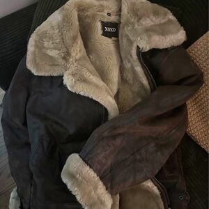 SOLD - XOXO Women's Dark Brown Leather Jacket with Cream Faux Fur